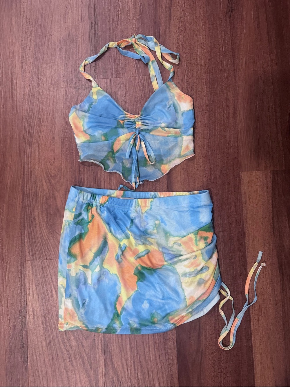 Tie-Front Halter Crop Top & Mini Skirt Set - Blue Multi